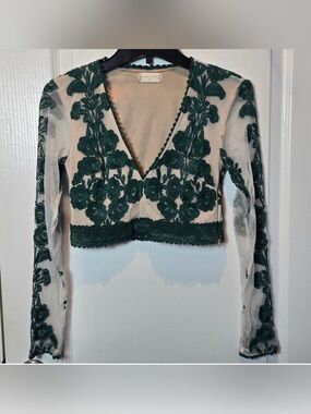 Altar’d State Green Embroidered Cream Sheer Top